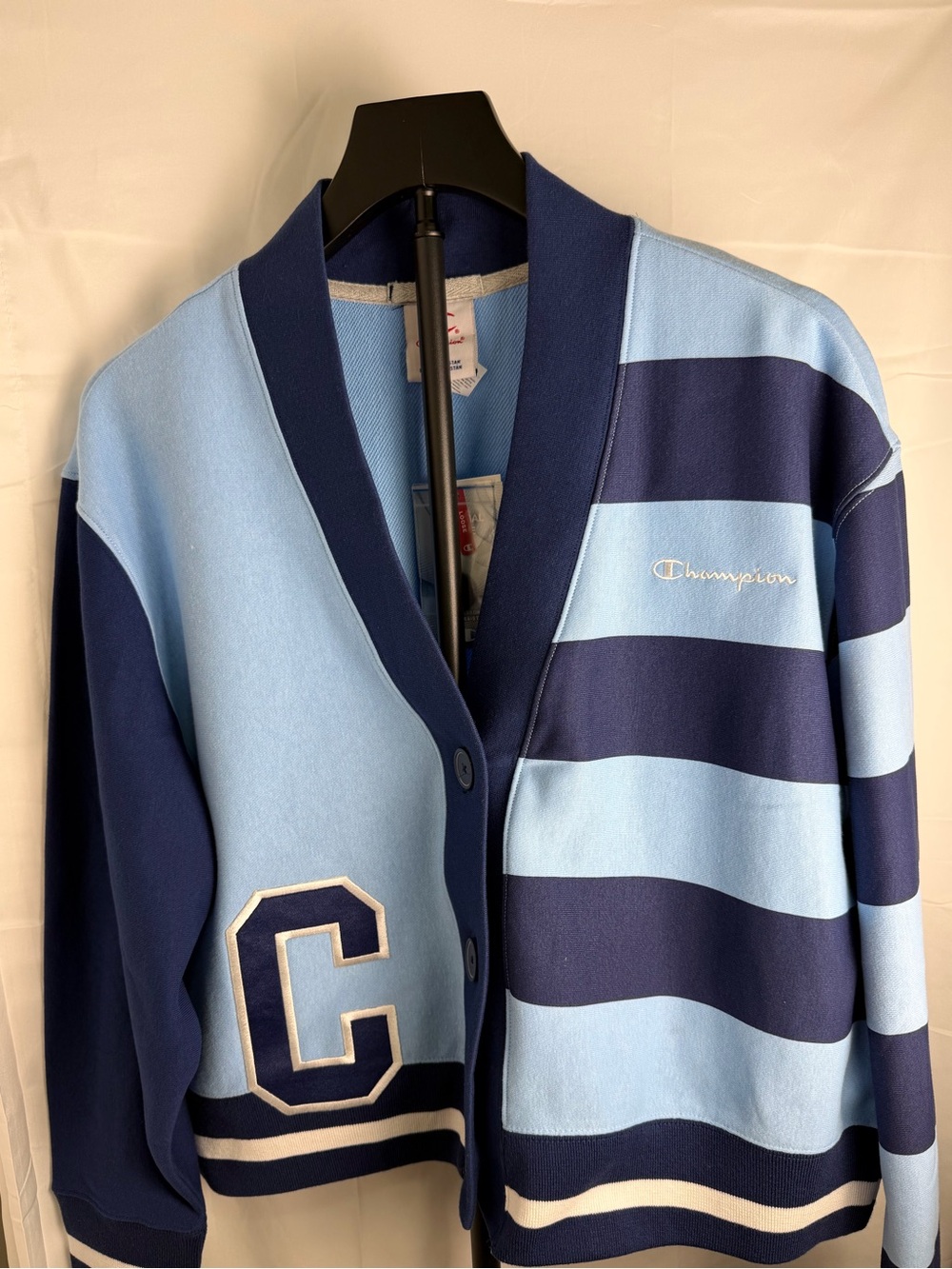 Champion Women’s XL Two-Tone Striped Button Cardigan Jacket – Light Blue & Navy